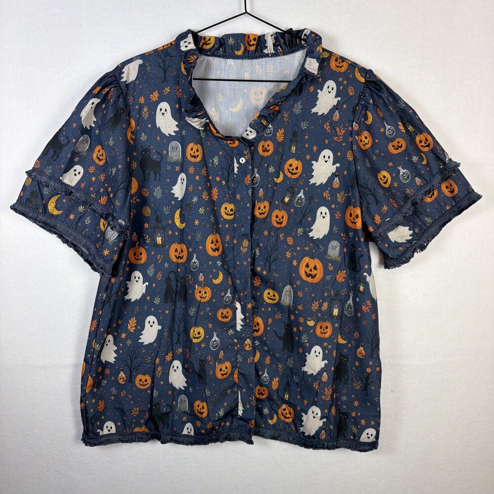 Cherry Betty Womens L Halloween Blouse Blue Pumpkin Collared Short Sleeve NWOT